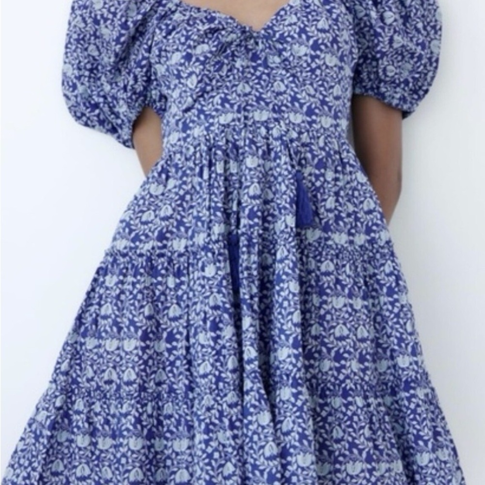 ZARA Printed Short Blue/White A-Line Mini Dress with Balloon Sleeves